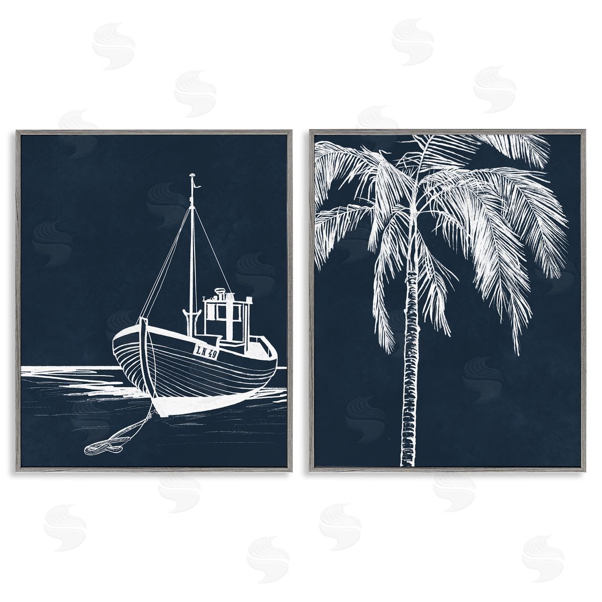 Leah Noel Art Blue Boat & Palm Gray Framed Giclee Wall Art Print
