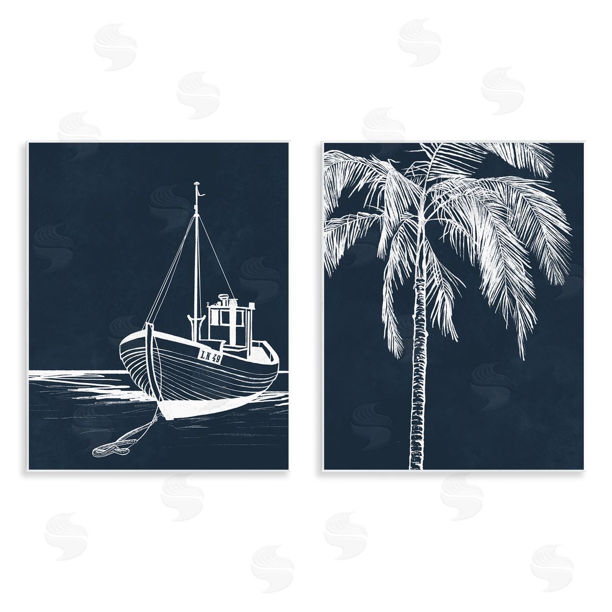 Leah Noel Art Blue Boat & Palm Wooden Wall Plaque Art Print