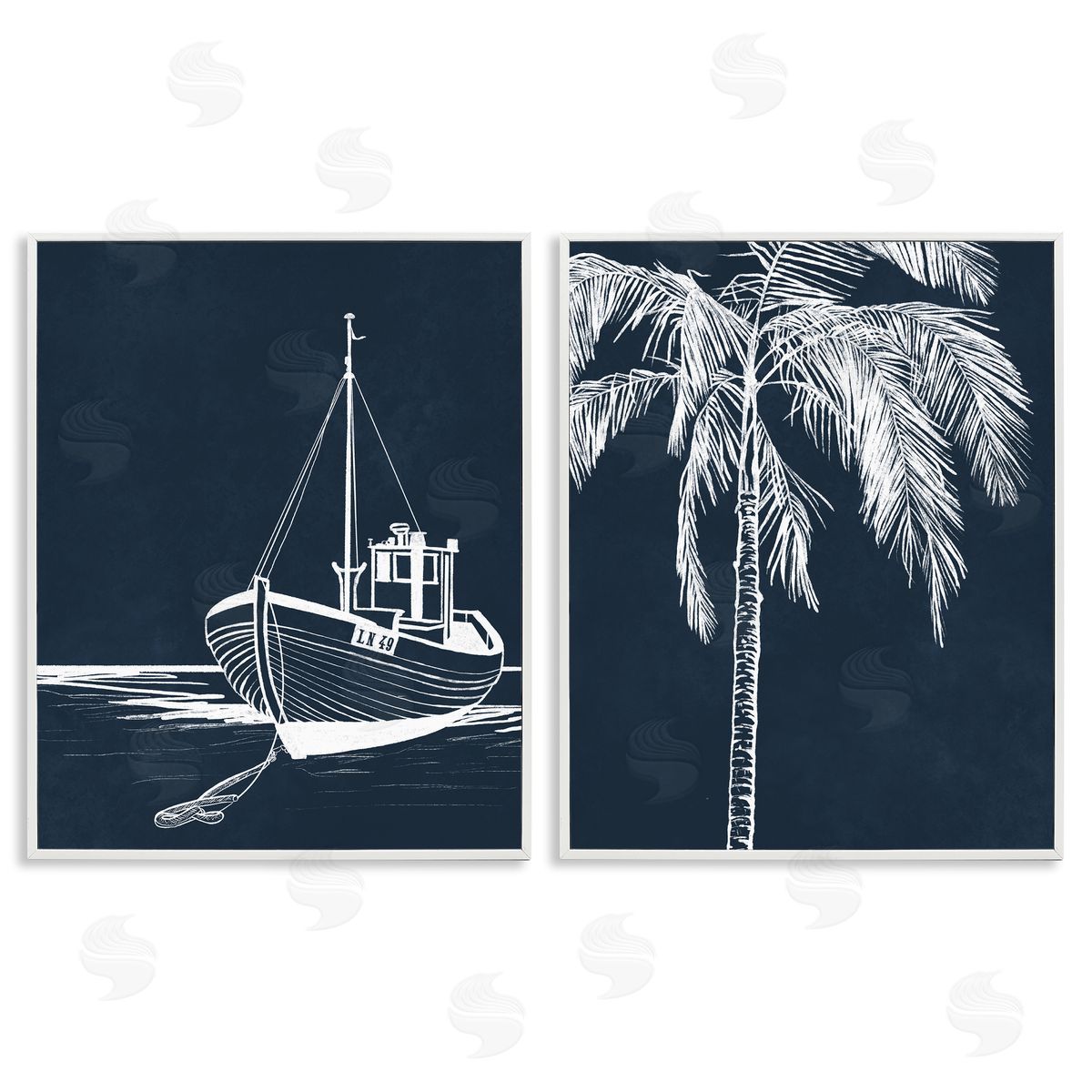Leah Noel Art Blue Boat & Palm White Framed Giclee Wall Art Print