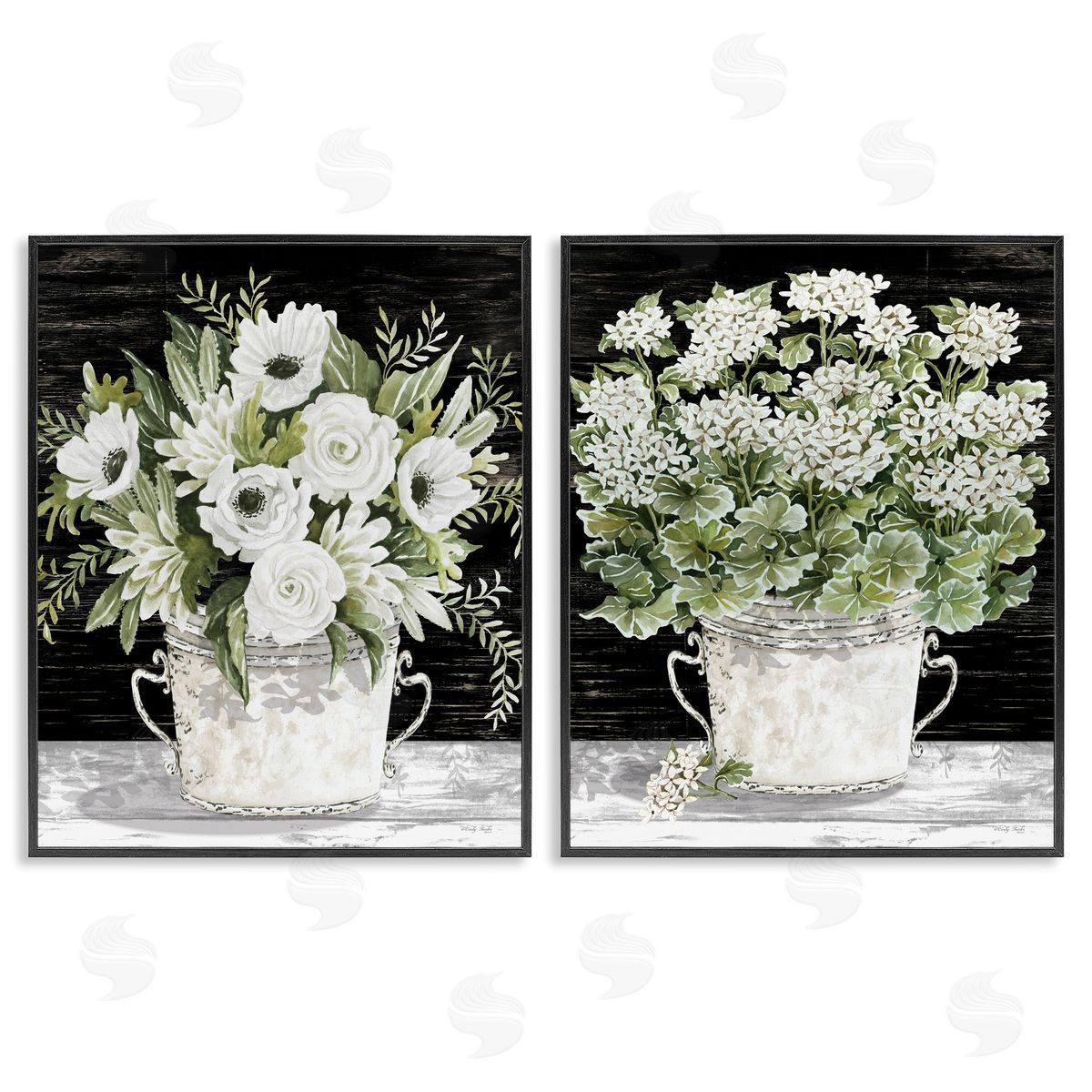 Cindy Jacobs Country Tins of Flowers Black Framed Giclee Wall Art Print