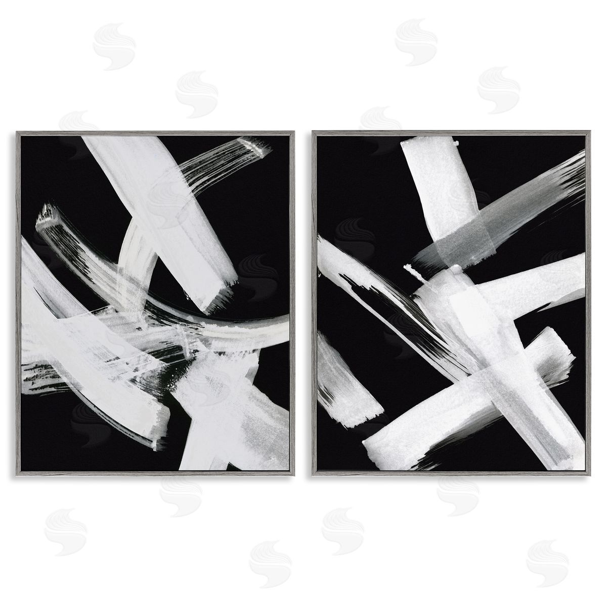 Susan Jill Abstract Lines White on Black Gray Framed Giclee Wall Art Print