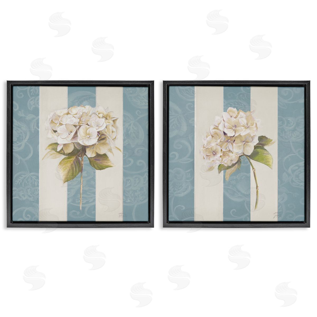 Patricia Pinto Hydrangeas on Blue Strips Black Floating Frame Canvas Wall Art Print