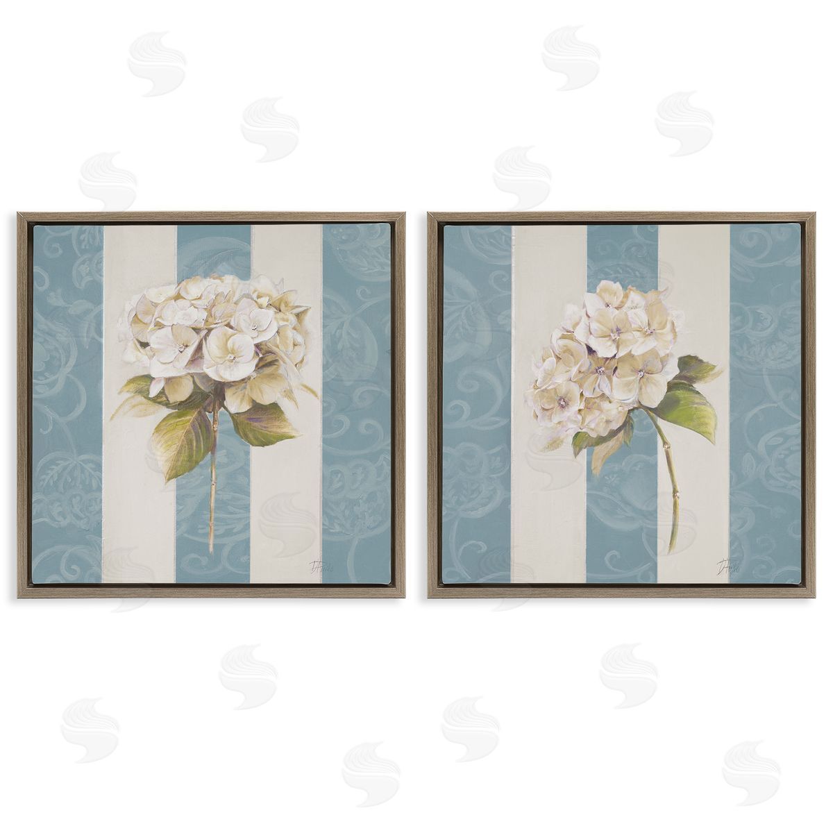Patricia Pinto Hydrangeas on Blue Strips Brown Floating Frame Canvas Wall Art Print