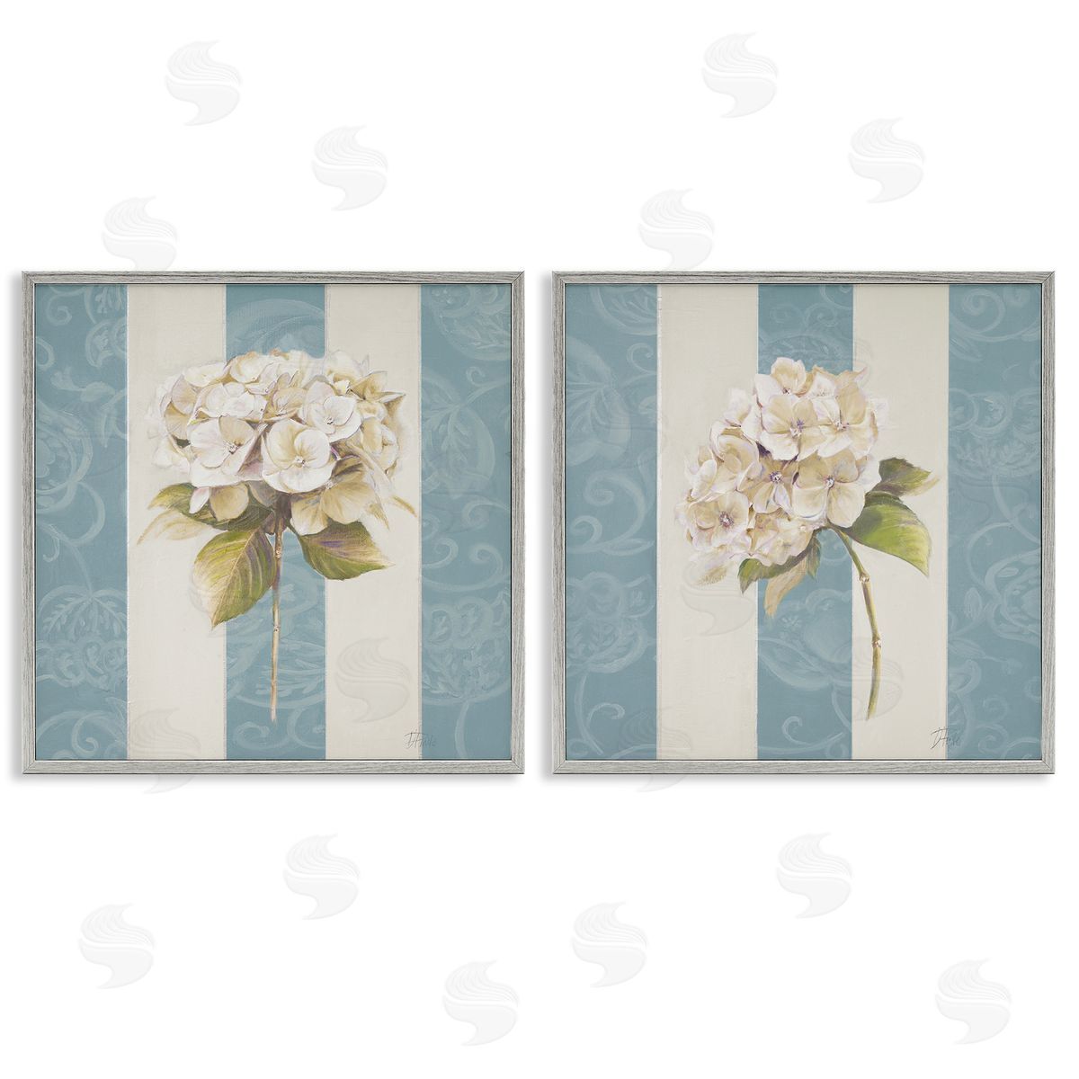 Patricia Pinto Hydrangeas on Blue Strips Gray Framed Giclee Wall Art Print