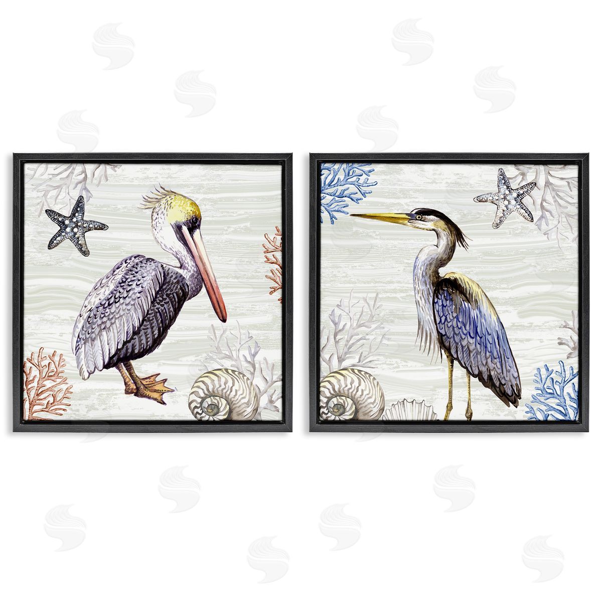 Elena Vladykina Coastal Pelican & Heron Black Floating Frame Canvas Wall Art Print