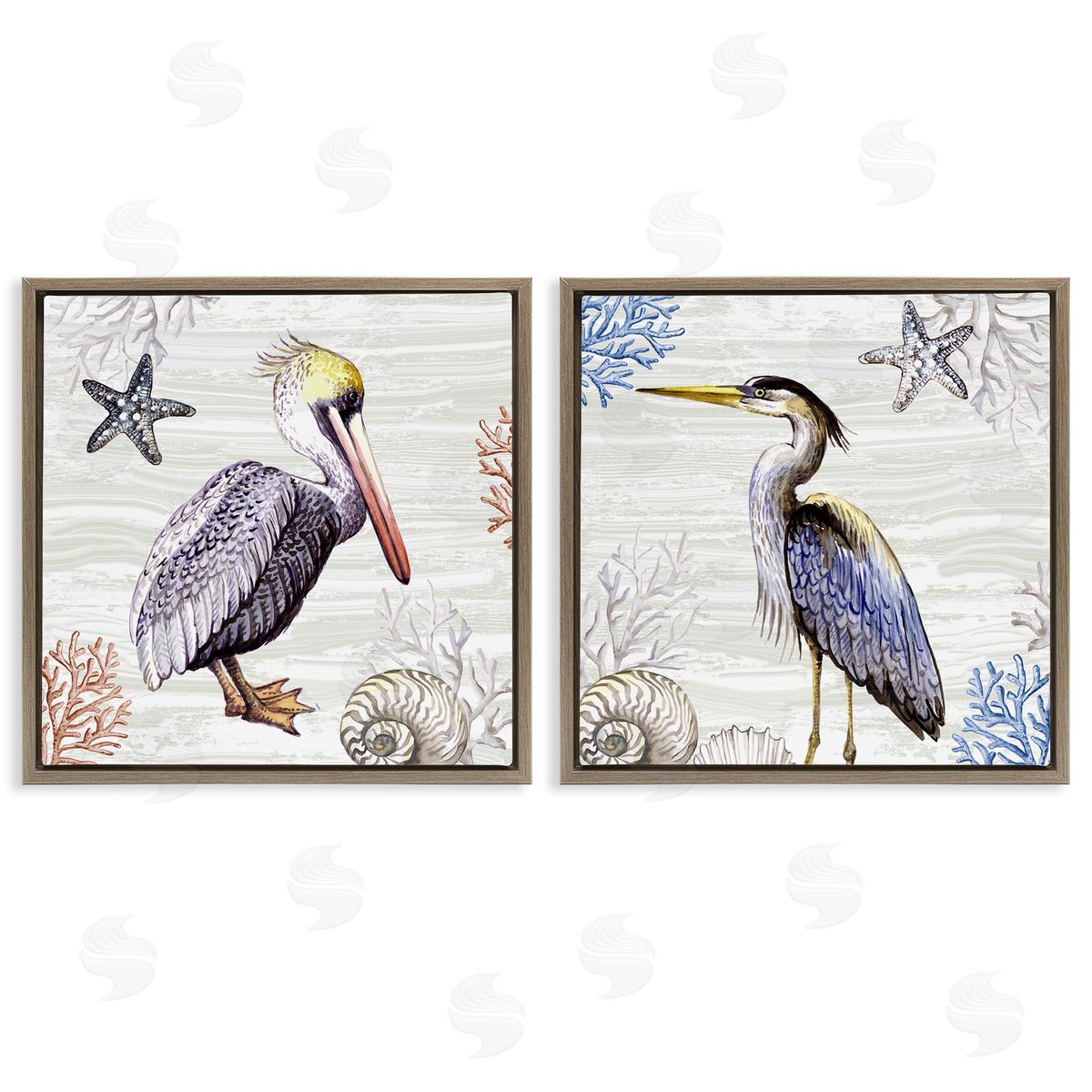 Elena Vladykina Coastal Pelican & Heron Brown Floating Frame Canvas Wall Art Print