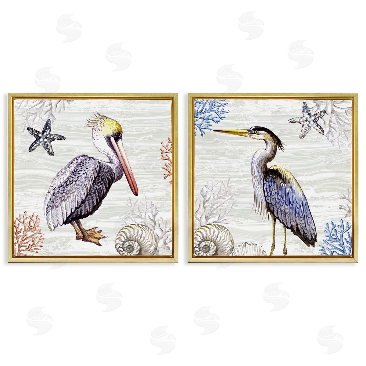 Elena Vladykina Coastal Pelican & Heron Gold Floating Frame Canvas Wall Art Print