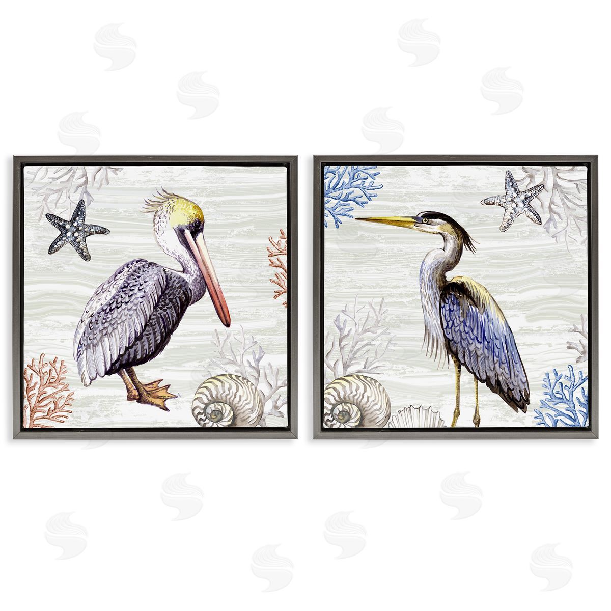 Elena Vladykina Coastal Pelican & Heron Gray Floating Frame Canvas Wall Art Print