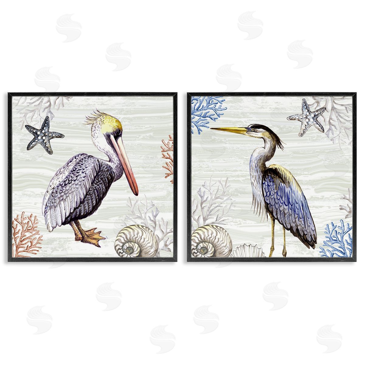 Elena Vladykina Coastal Pelican & Heron Black Framed Giclee Wall Art Print