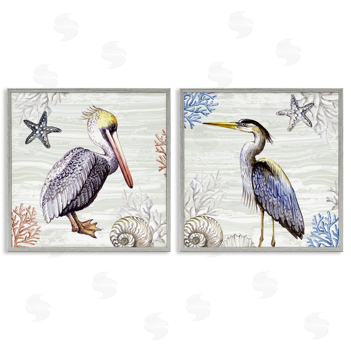 Elena Vladykina Coastal Pelican & Heron Gray Framed Giclee Wall Art Print