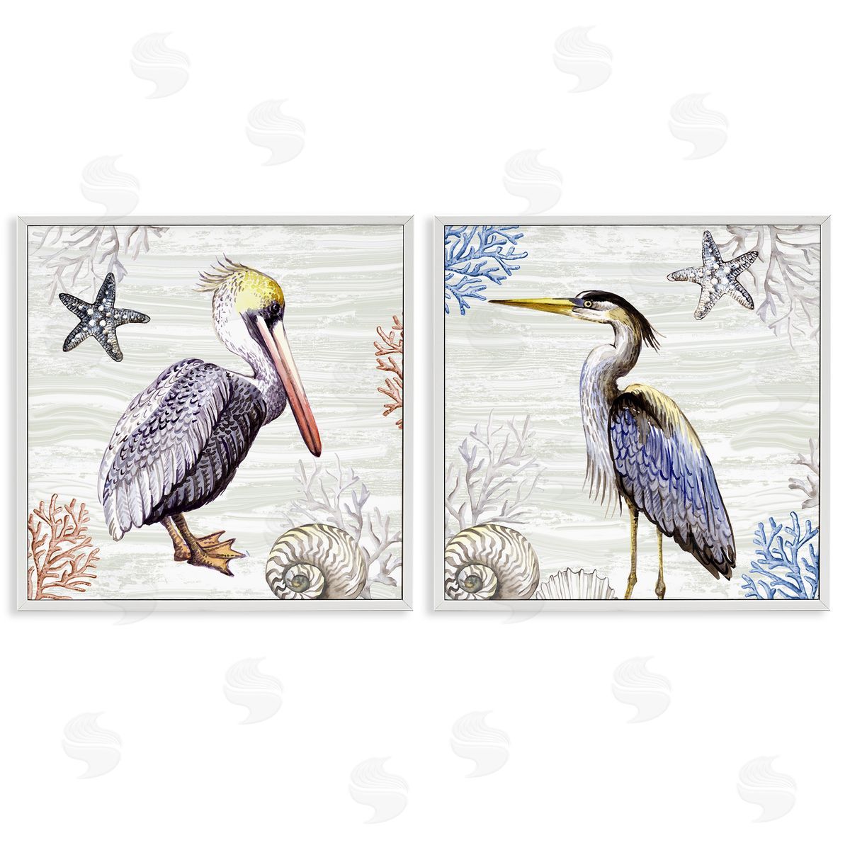 Elena Vladykina Coastal Pelican & Heron White Framed Giclee Wall Art Print