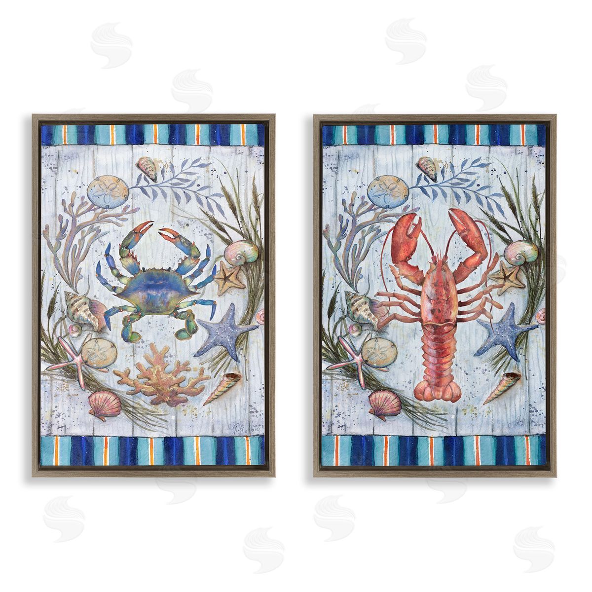 Geoff Allen Coastal Sea Life Stripes Brown Floating Frame Canvas Wall Art Print