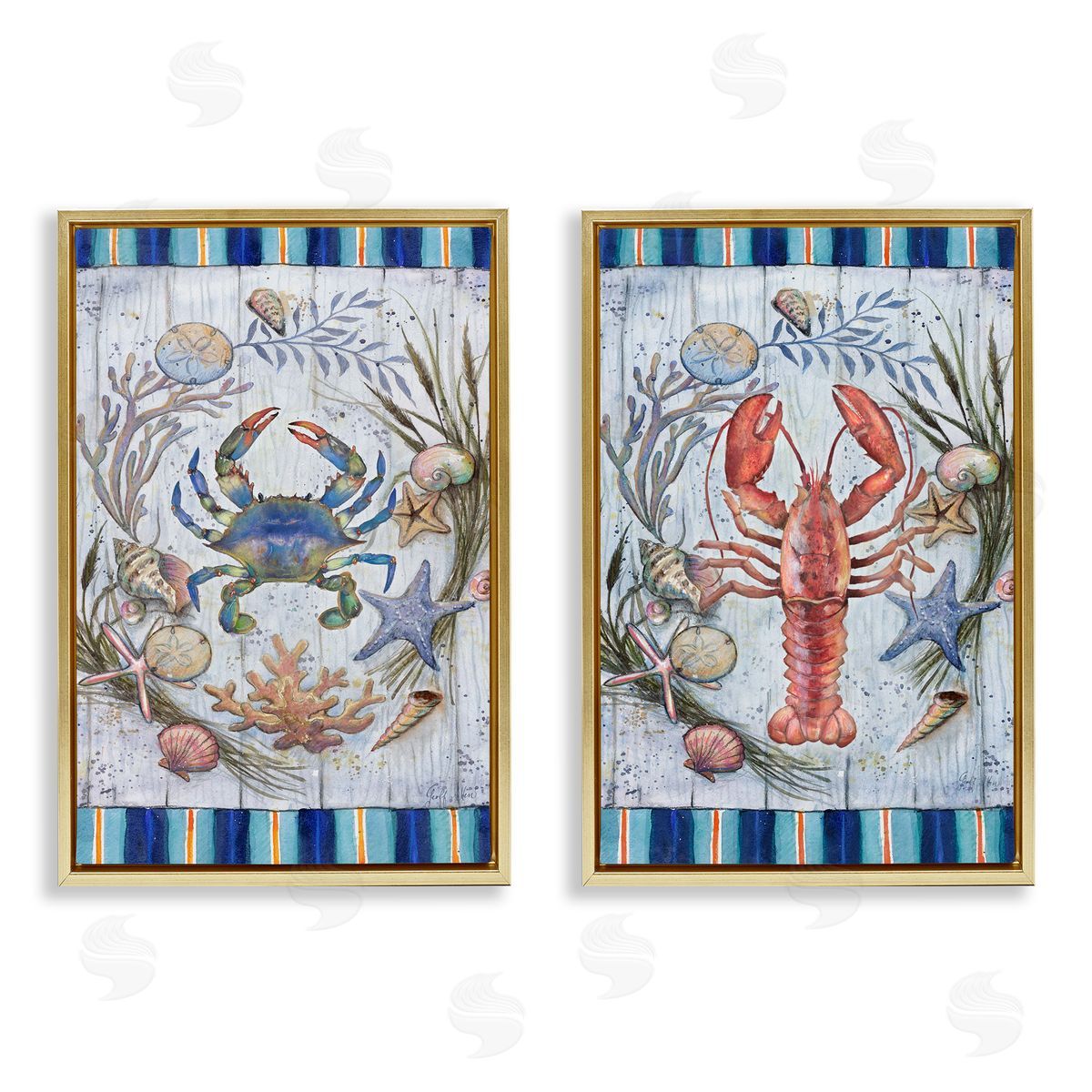 Geoff Allen Coastal Sea Life Stripes Gold Floating Frame Canvas Wall Art Print