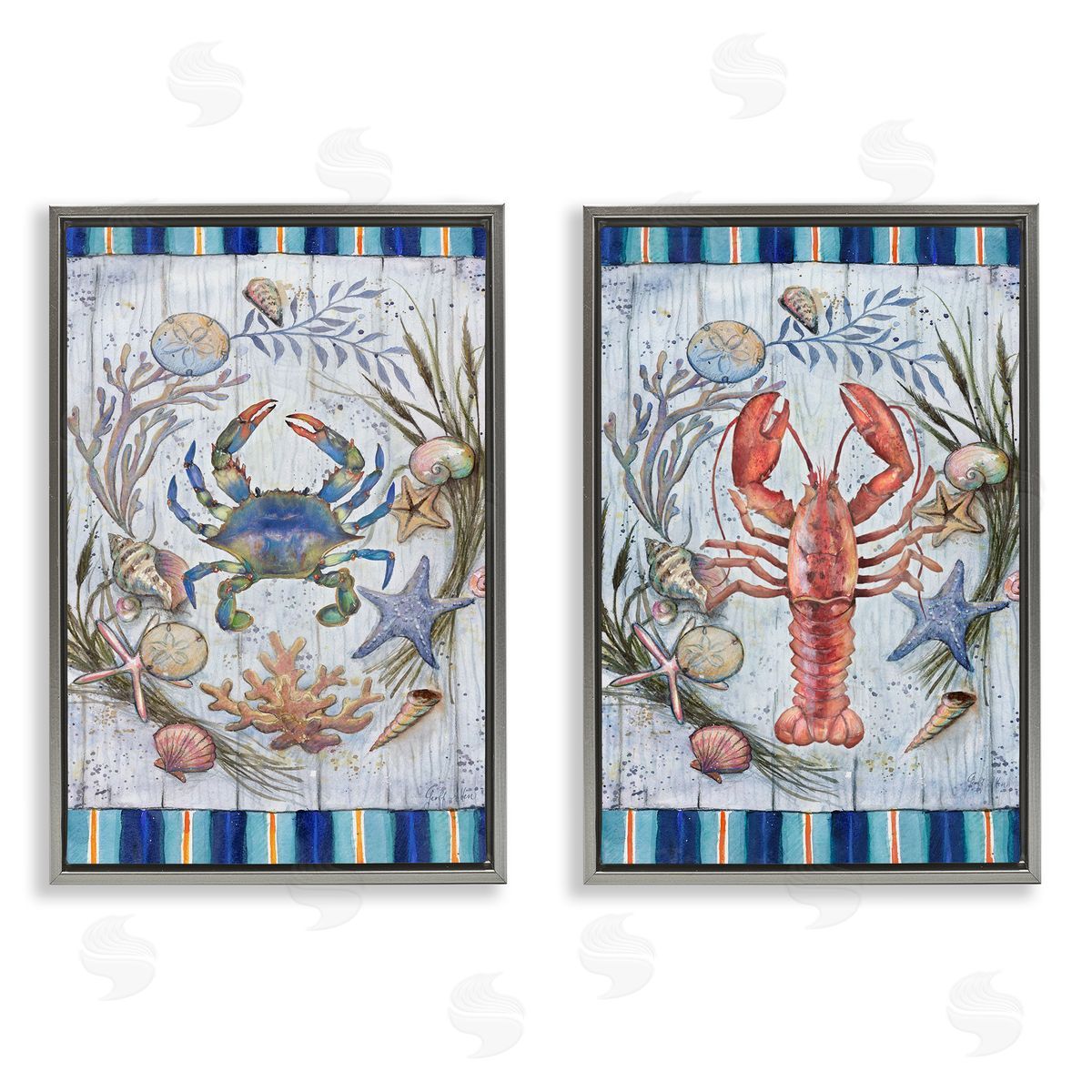 Geoff Allen Coastal Sea Life Stripes Gray Floating Frame Canvas Wall Art Print
