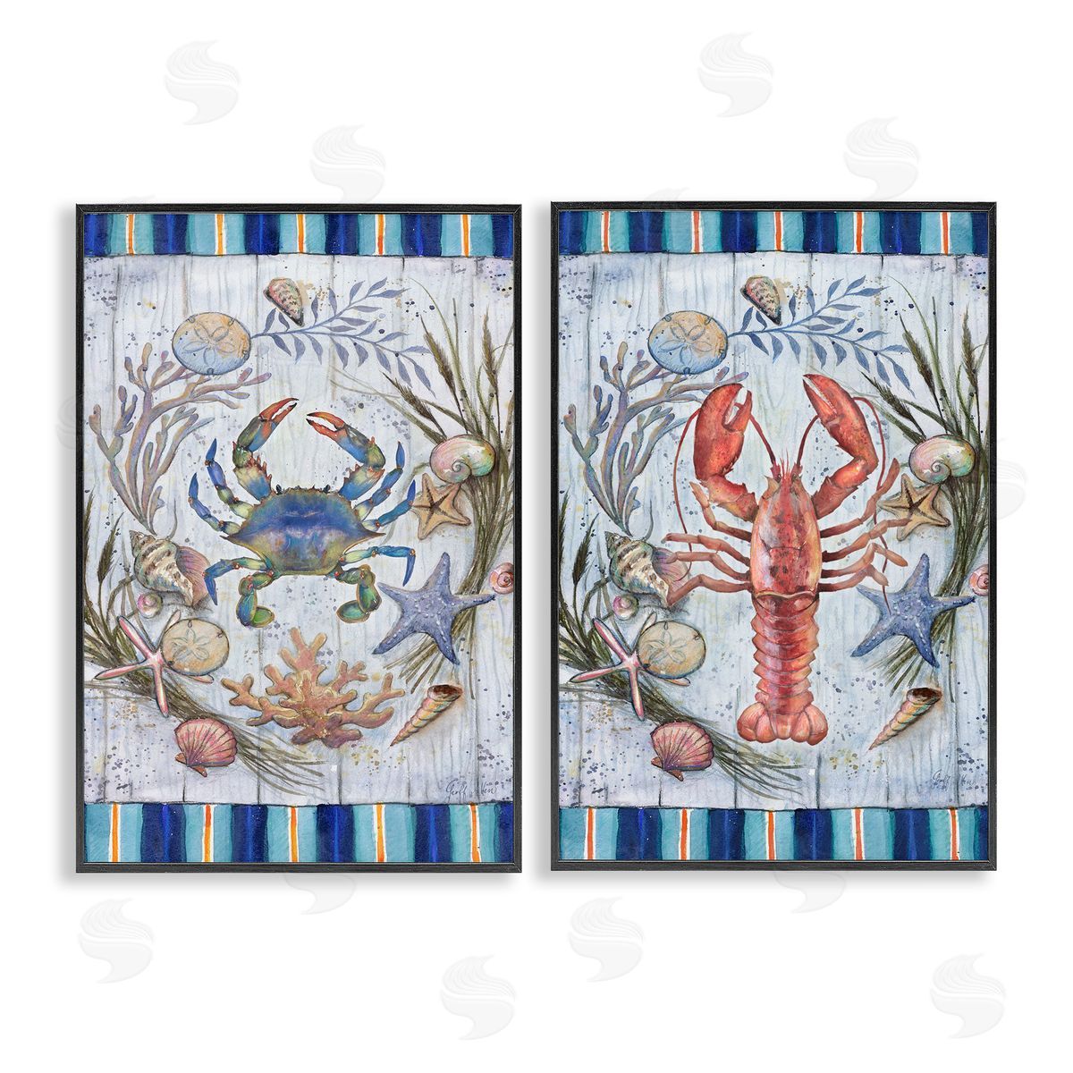 Geoff Allen Coastal Sea Life Stripes Black Framed Giclee Wall Art Print