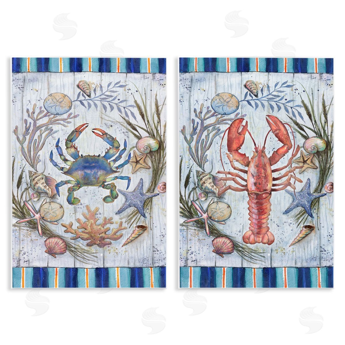 Geoff Allen Coastal Sea Life Stripes Wooden Wall Plaque Art Print