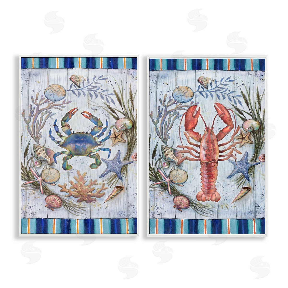 Geoff Allen Coastal Sea Life Stripes White Framed Giclee Wall Art Print