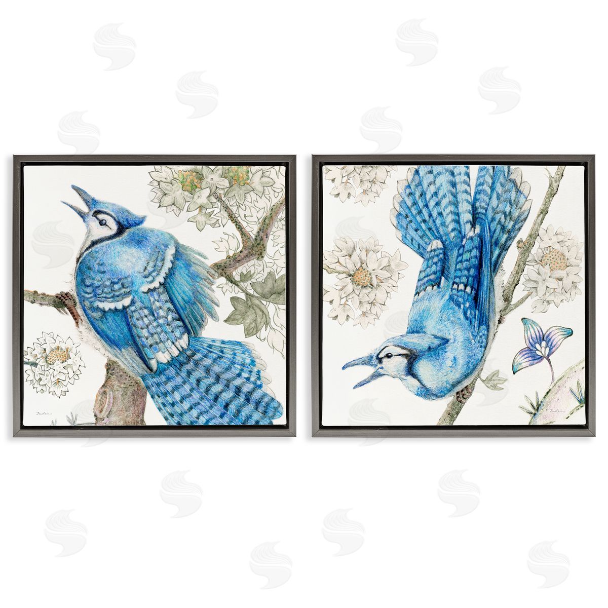 Blue Jays with White Blossoms Grey Floating Frame Canvas Wall Art, Home Decor by Evelia Designs