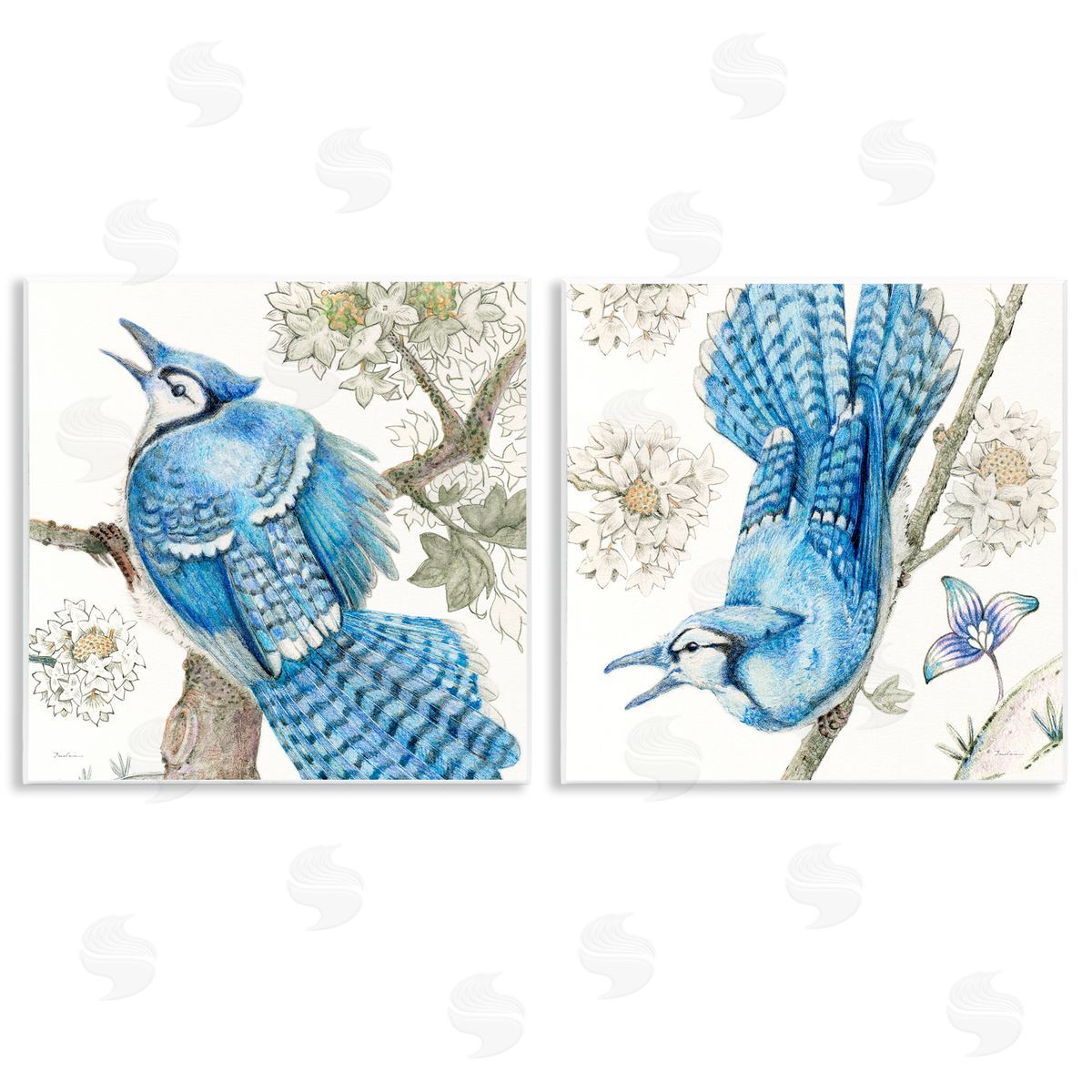Blue Jays with White Blossoms Wood Plaque Wall Art, Home Decor by Evelia Designs