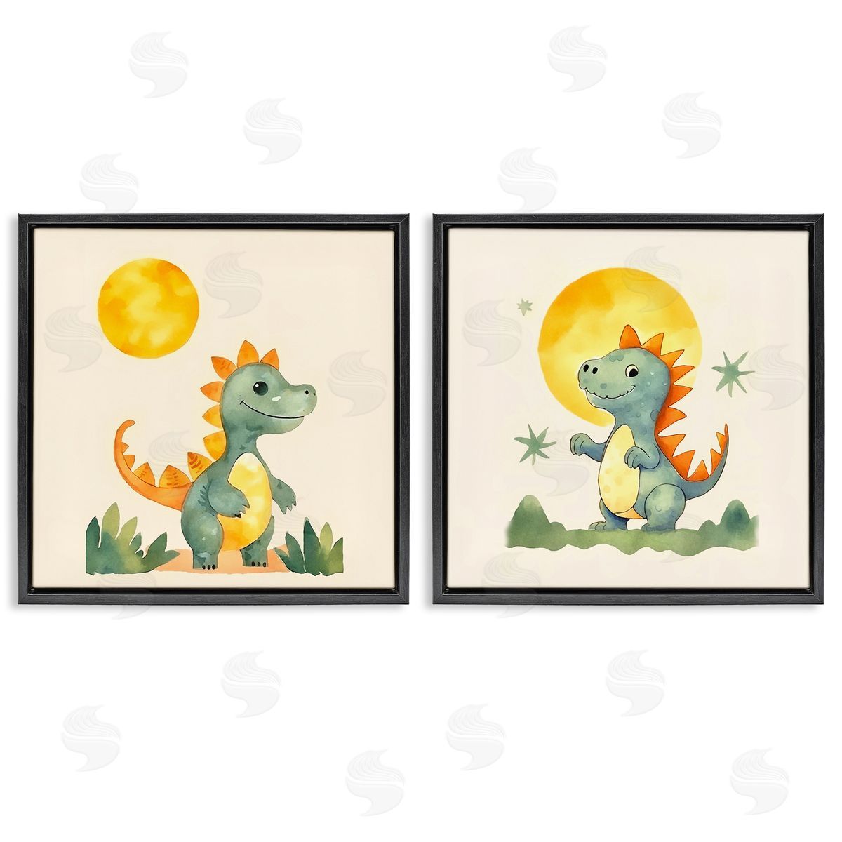 Happy Dinos & Moon Black Floating Frame Canvas Wall Art, Home Decor by Andrea Haase