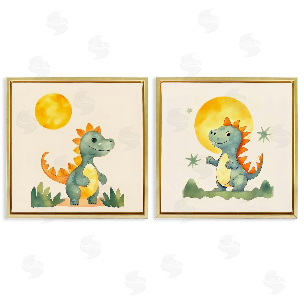 Happy Dinos & Moon Gold Floating Frame Canvas Wall Art, Home Decor by Andrea Haase