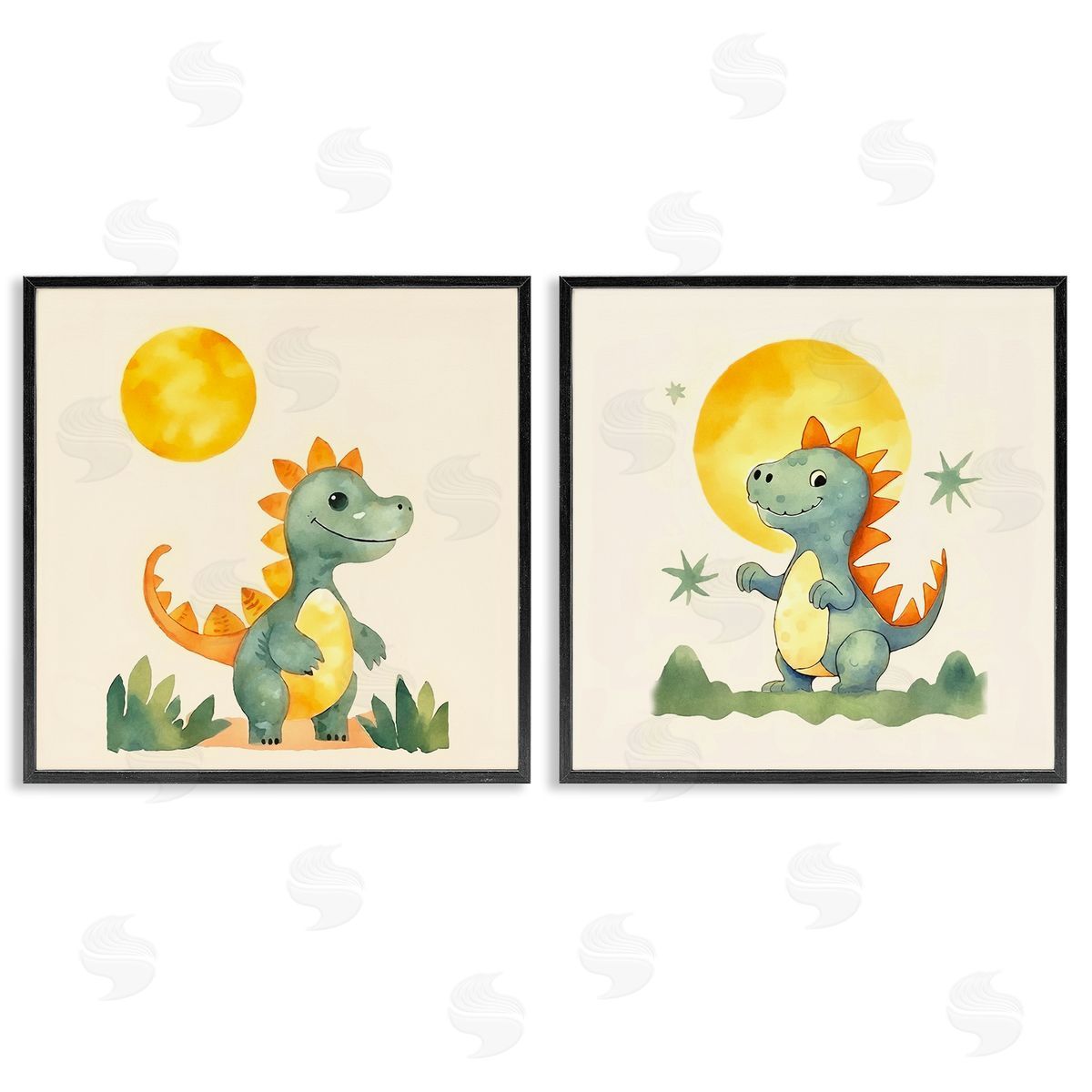 Happy Dinos & Moon Black Frame Print Wall Art, Home Decor by Andrea Haase