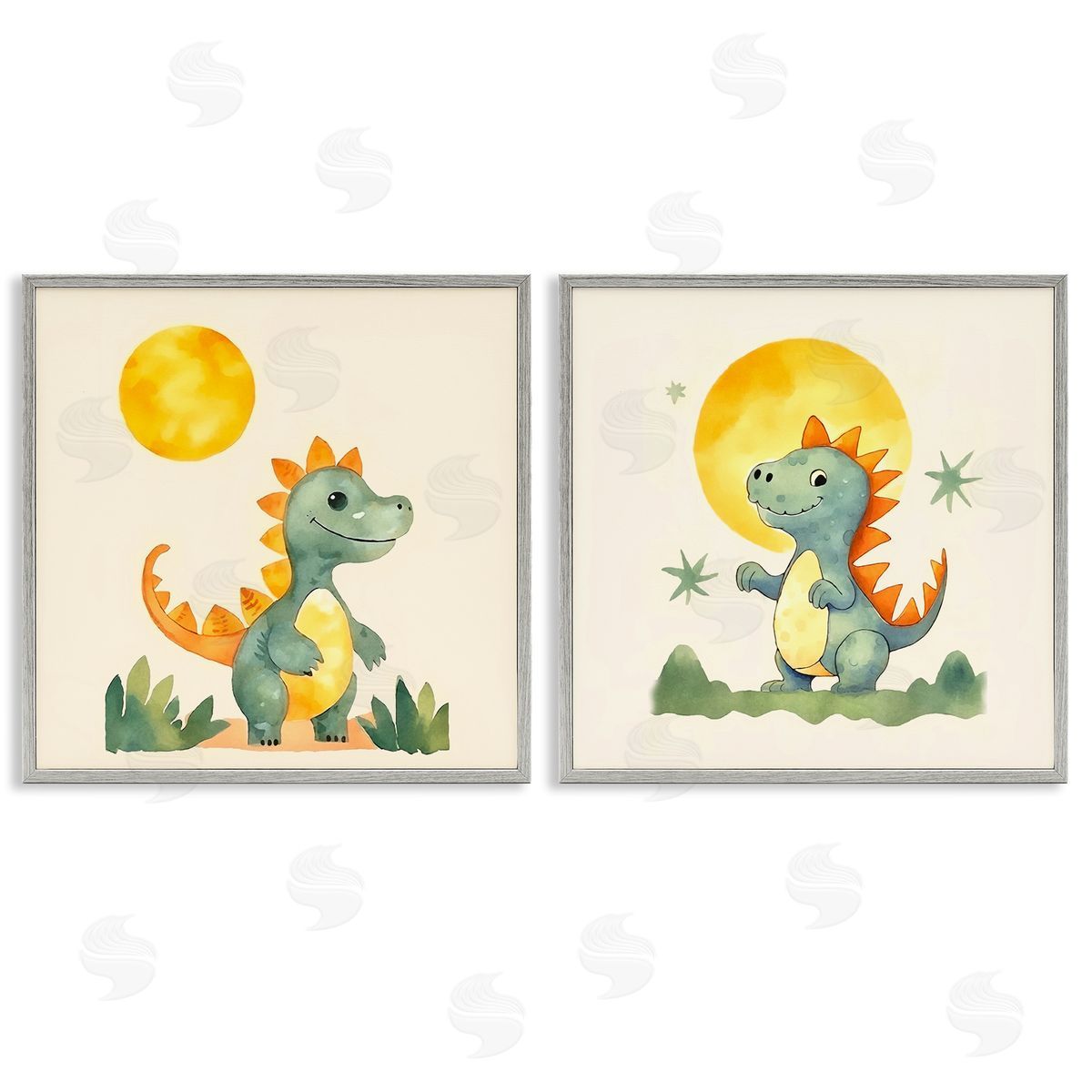 Happy Dinos & Moon Grey Frame Print Wall Art, Home Decor by Andrea Haase