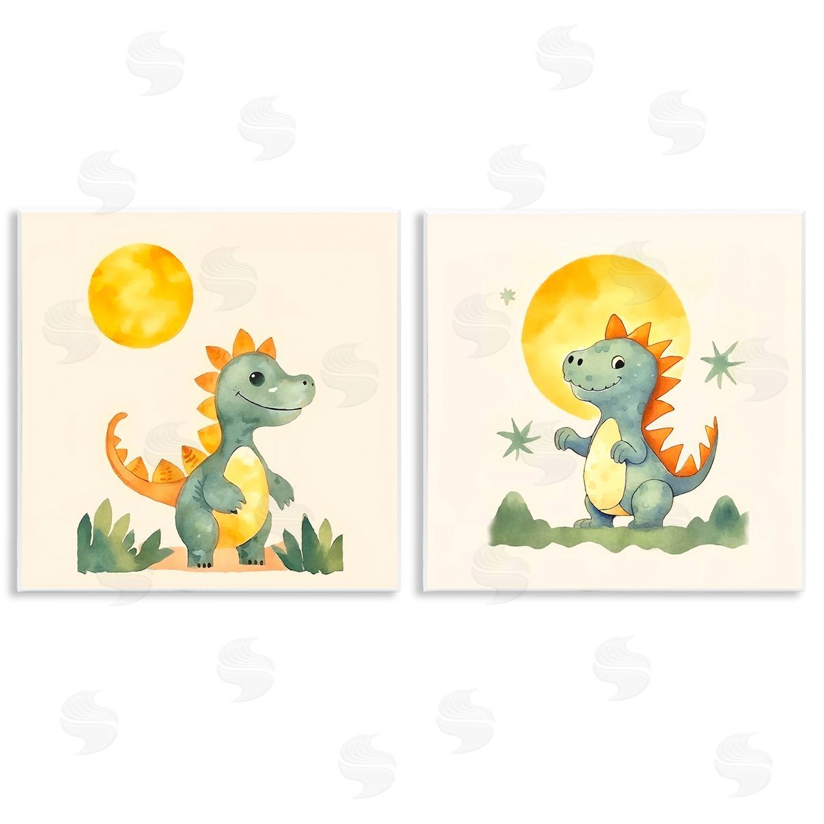 Happy Dinos & Moon Wood Plaque Wall Art, Home Decor by Andrea Haase