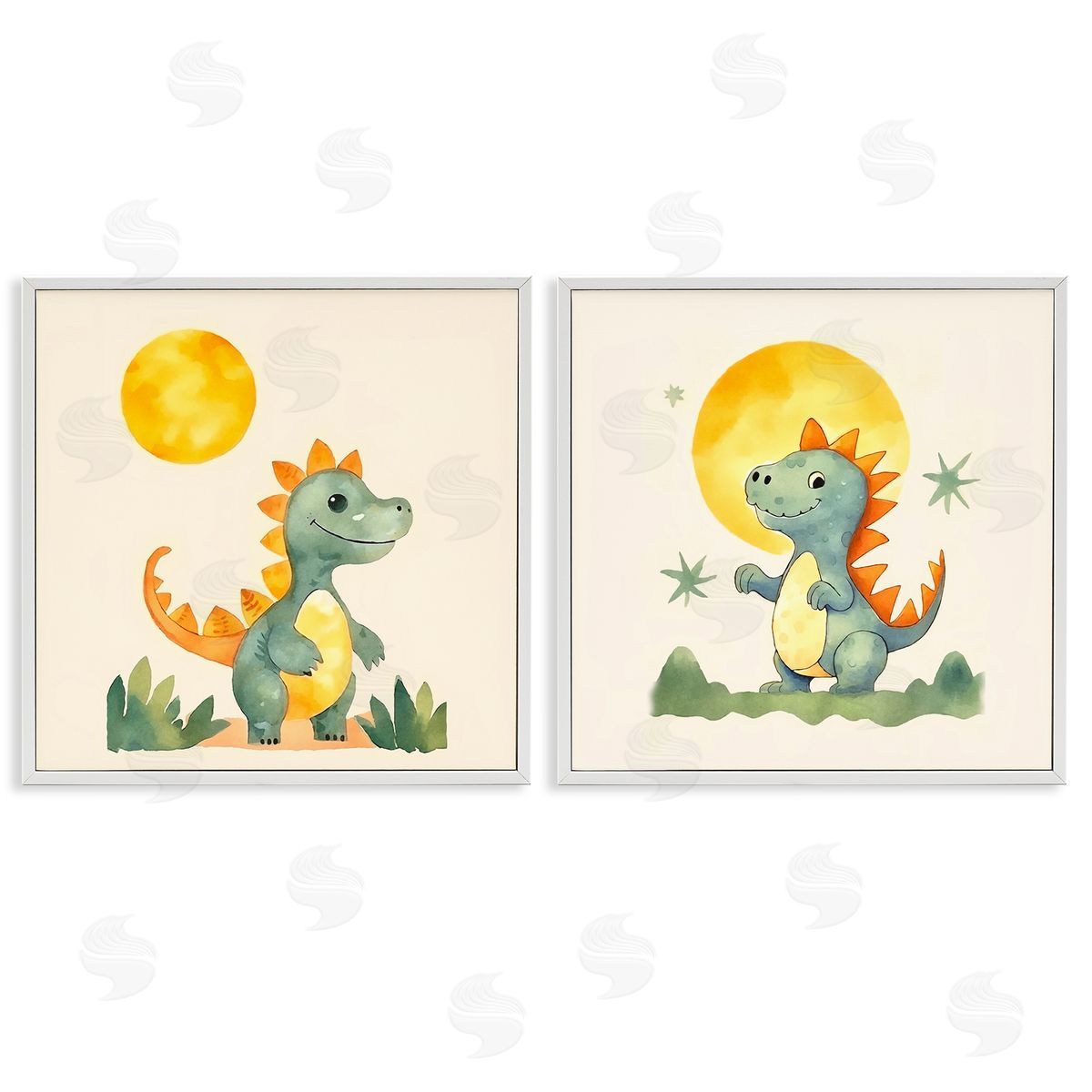 Happy Dinos & Moon White Frame Print Wall Art, Home Decor by Andrea Haase