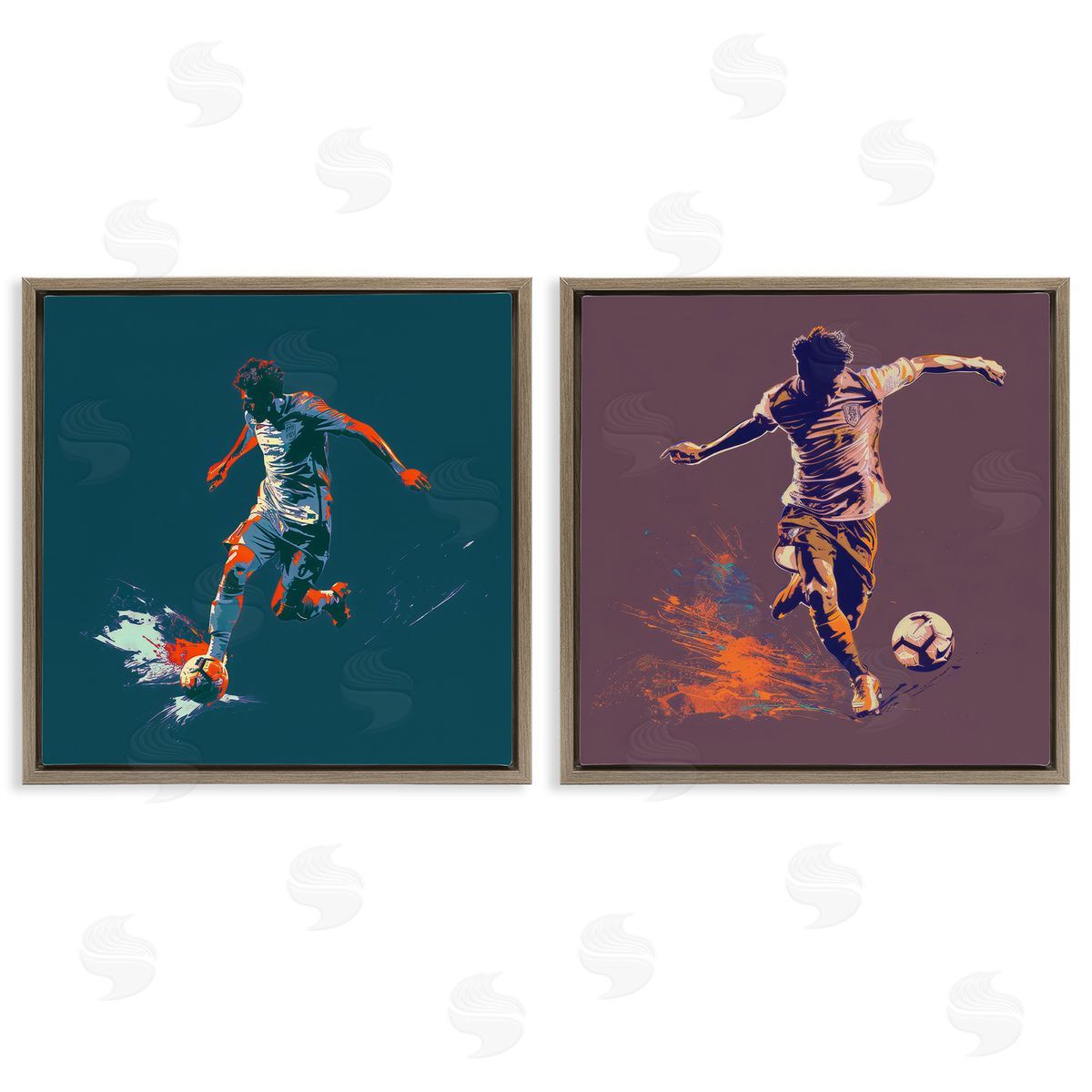 Kicking Soccer Ball Goal Brown Floating Frame Canvas Wall Art, Home Decor by Lazar Studio
