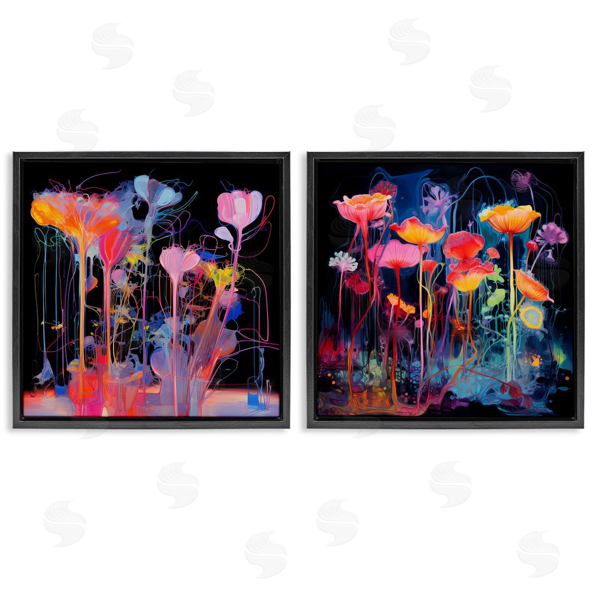 Contrasting Otherworldly Blossoms Black Floating Frame Canvas Wall Art, Home Decor by Nuk Nalandro
