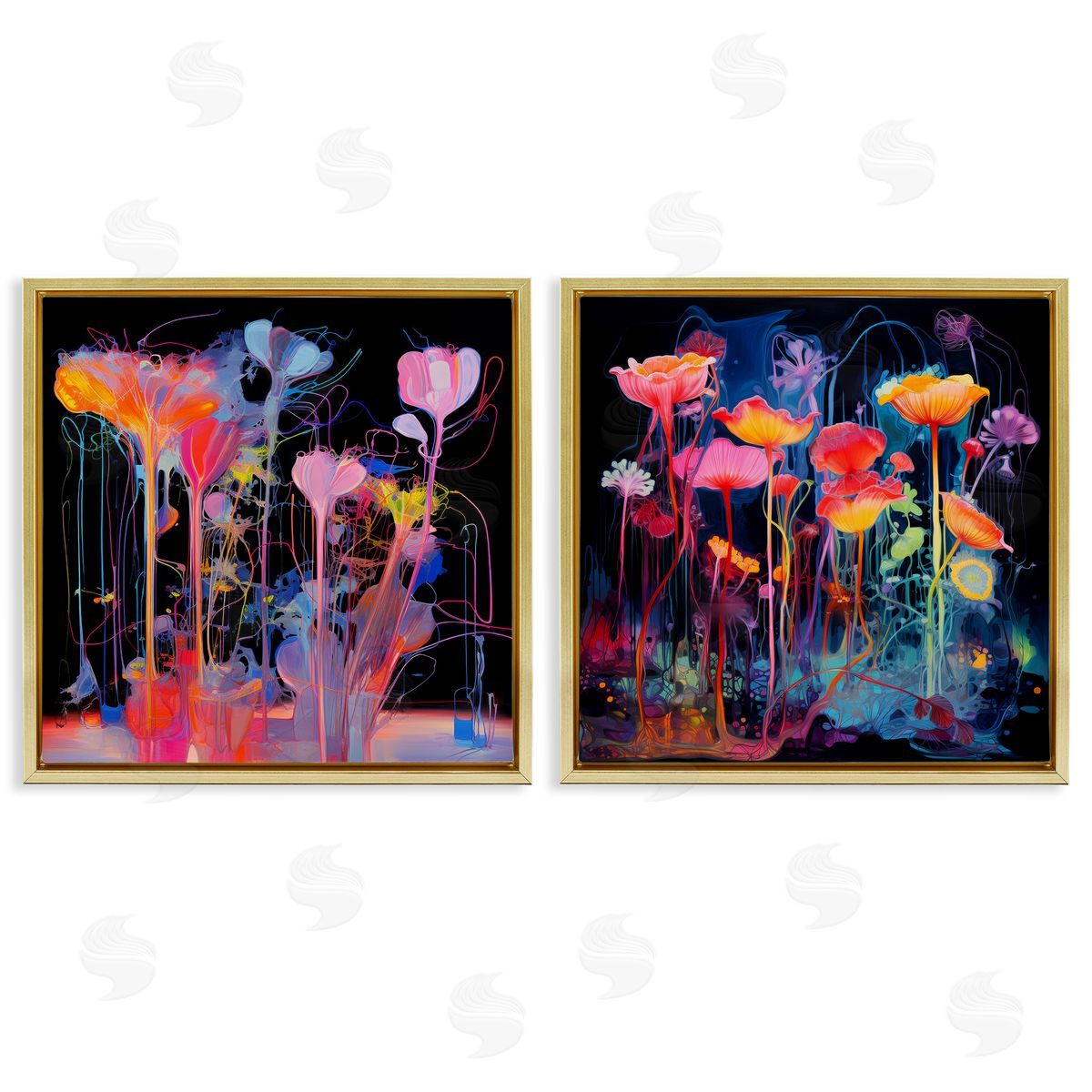 Contrasting Otherworldly Blossoms Gold Floating Frame Canvas Wall Art, Home Decor by Nuk Nalandro