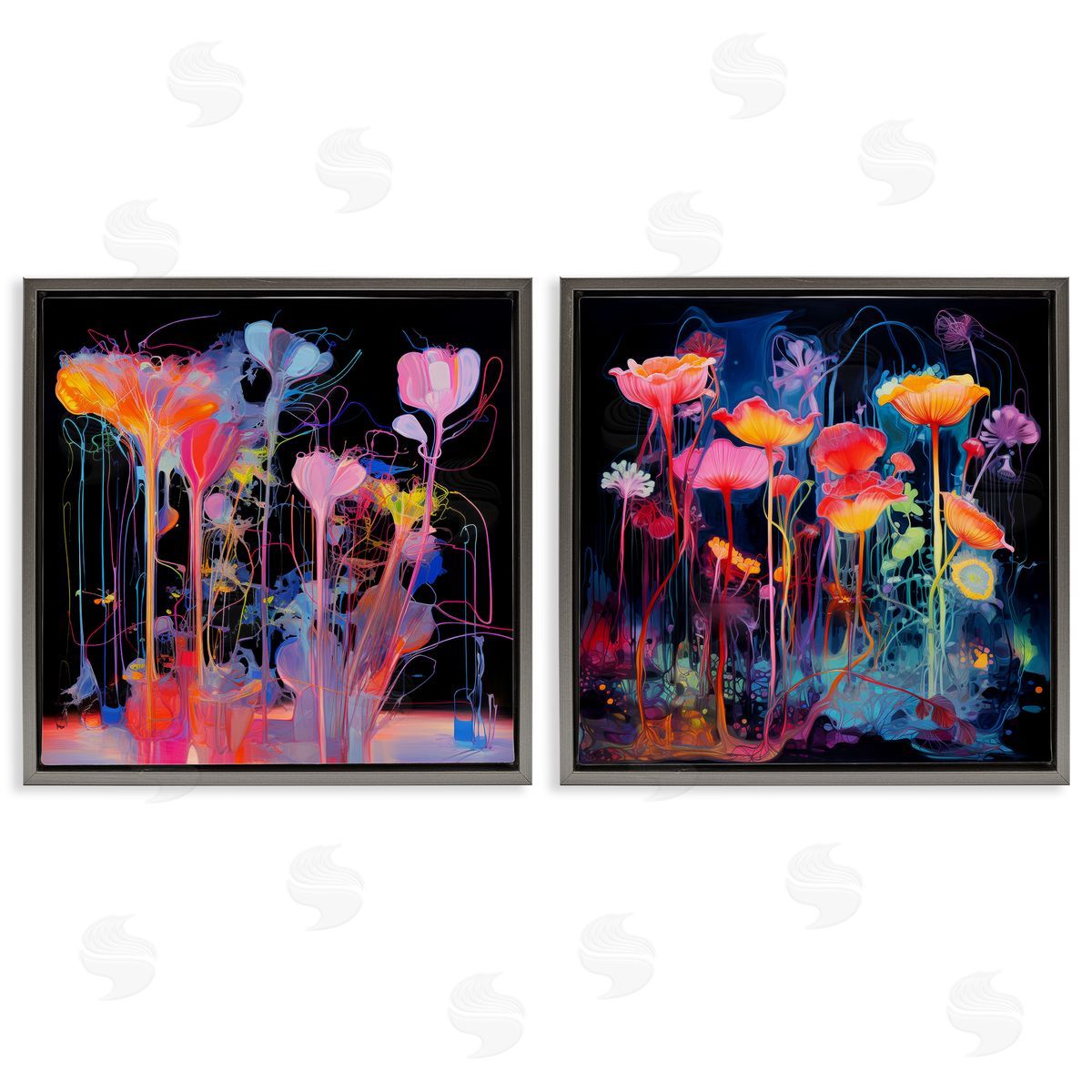Contrasting Otherworldly Blossoms Grey Floating Frame Canvas Wall Art, Home Decor by Nuk Nalandro