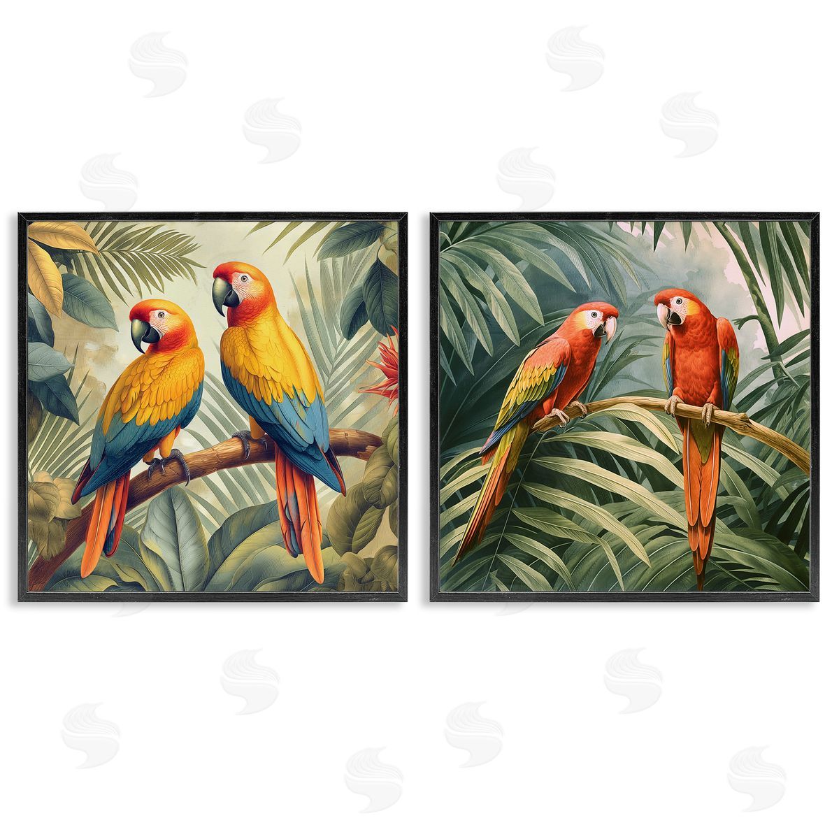 Resting Parrots Among Jungle Black Frame Print Wall Art, Home Decor by Steve Hunziker