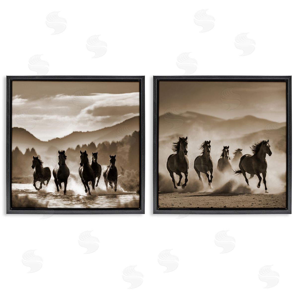 Running Mountain Stallions Black Floating Frame Canvas Wall Art, Home Decor by Noah Bay