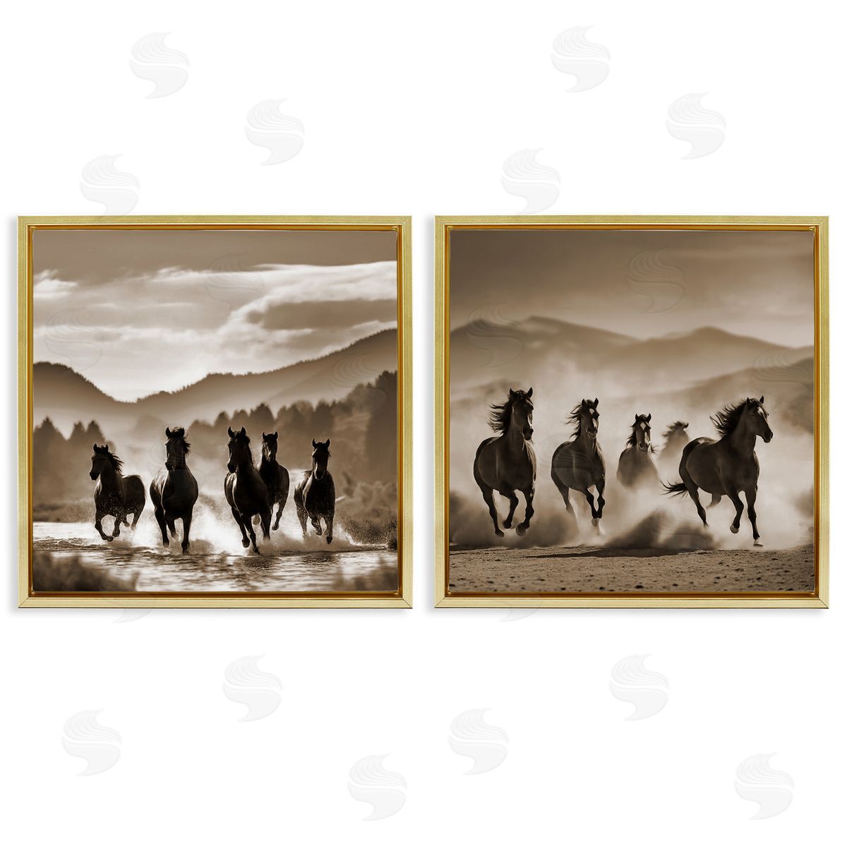 Running Mountain Stallions Gold Floating Frame Canvas Wall Art, Home Decor by Noah Bay