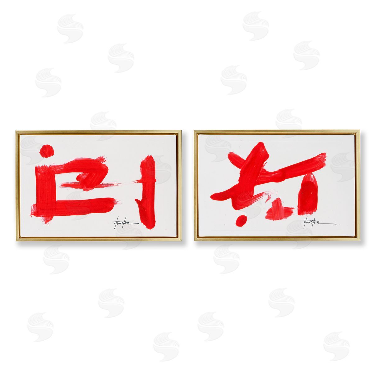 Red Symbolic Characters Gold Floating Frame Canvas Wall Art, Home Decor by Daniel Houston