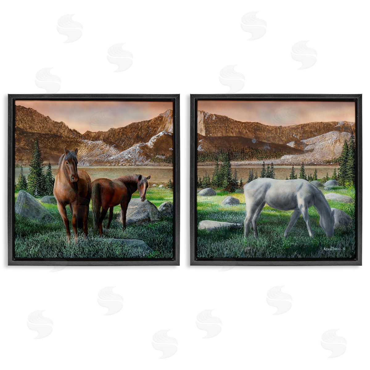 Country Valley Horses Grazing Black Floating Frame Canvas Wall Art, Home Decor by Kevin Daniel