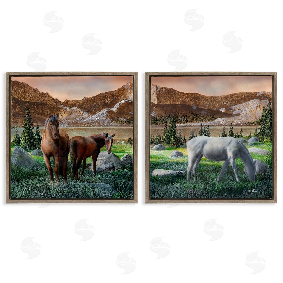 Country Valley Horses Grazing Brown Floating Frame Canvas Wall Art, Home Decor by Kevin Daniel