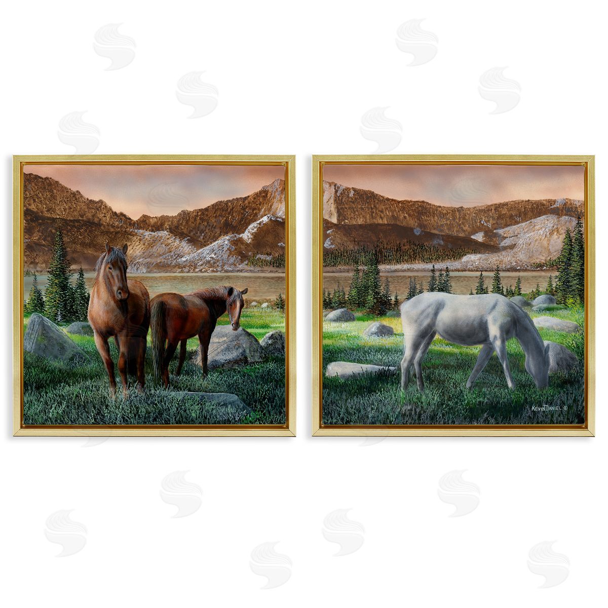 Country Valley Horses Grazing Gold Floating Frame Canvas Wall Art, Home Decor by Kevin Daniel
