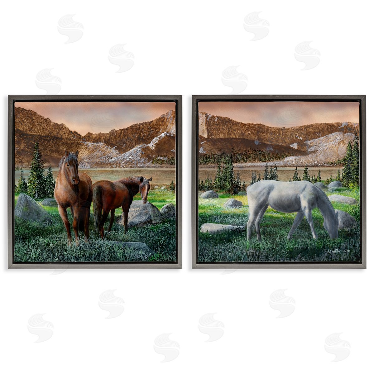 Country Valley Horses Grazing Grey Floating Frame Canvas Wall Art, Home Decor by Kevin Daniel