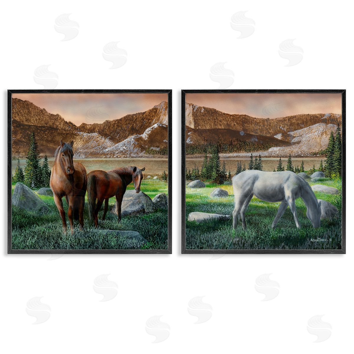 Country Valley Horses Grazing Black Frame Print Wall Art, Home Decor by Kevin Daniel