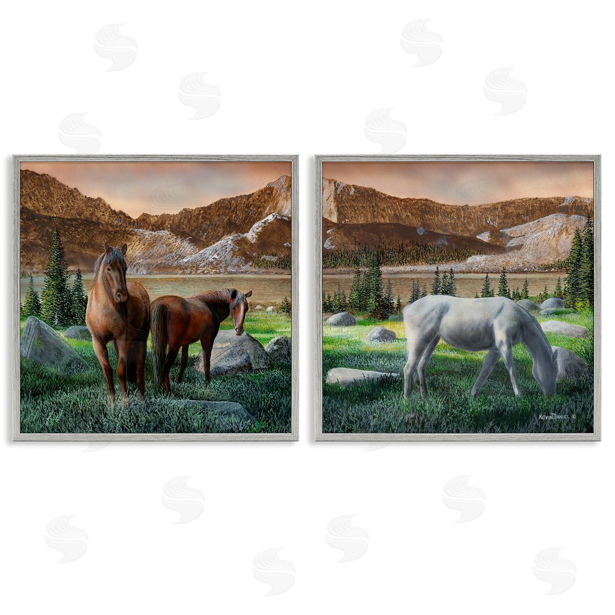Country Valley Horses Grazing Grey Frame Print Wall Art, Home Decor by Kevin Daniel