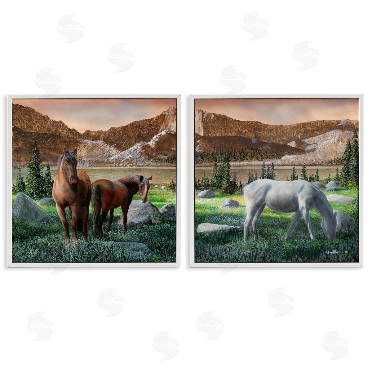 Country Valley Horses Grazing White Frame Print Wall Art, Home Decor by Kevin Daniel