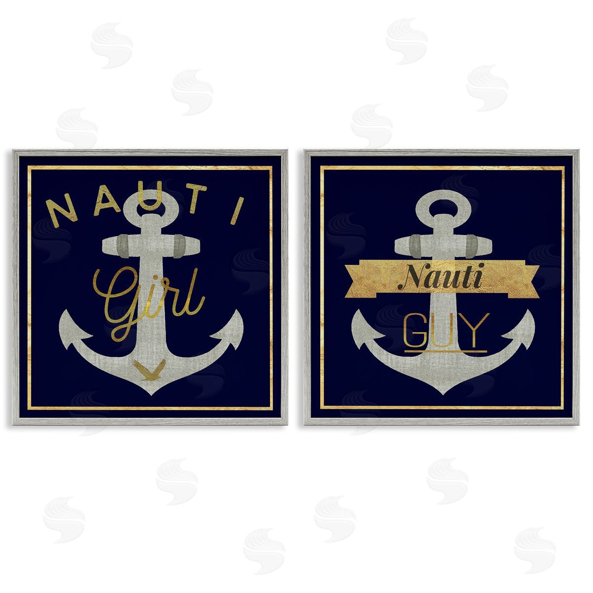 Nauti Girl & Guy Anchors Grey Frame Print Wall Art, Home Decor by Graffi*tee Studios