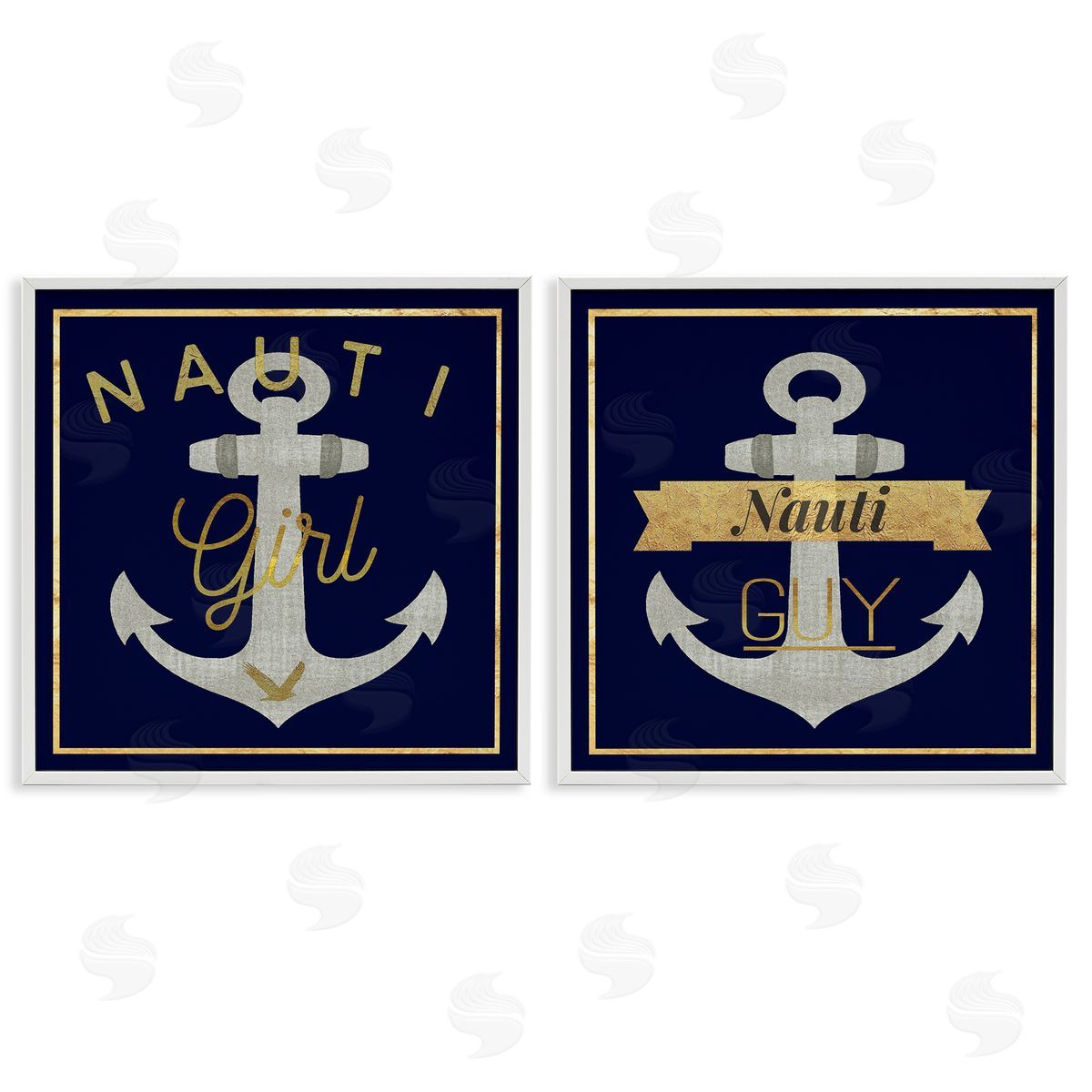 Nauti Girl & Guy Anchors White Frame Print Wall Art, Home Decor by Graffi*tee Studios
