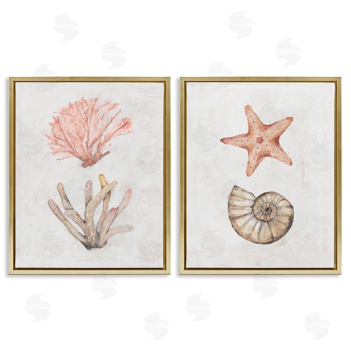 Neutral Pastel Sea Life Gold Floating Frame Canvas Wall Art, Home Decor by Filippo Ioco