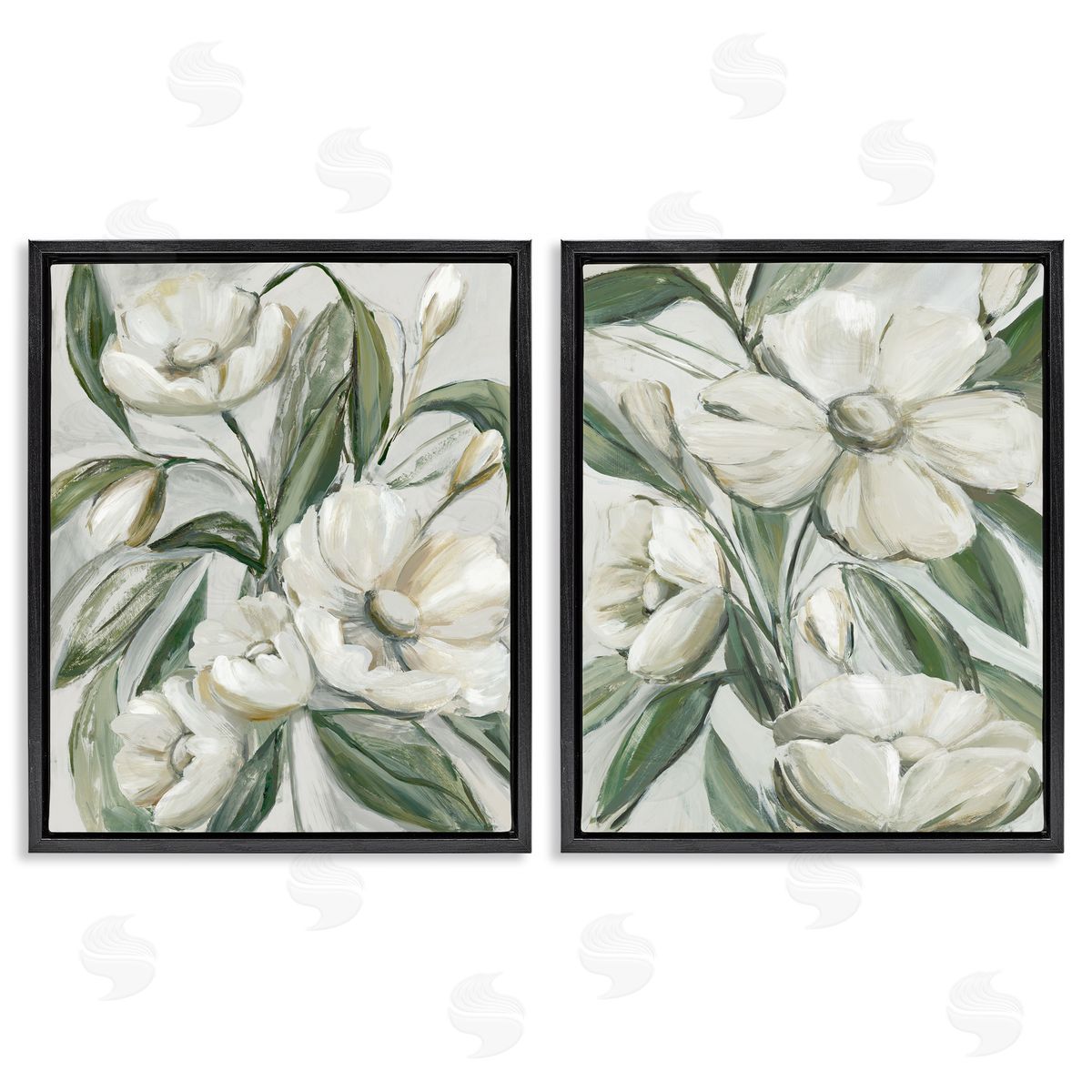 White Blossoms & Leaves Black Floating Frame Canvas Wall Art, Home Decor by Hannah Dawson