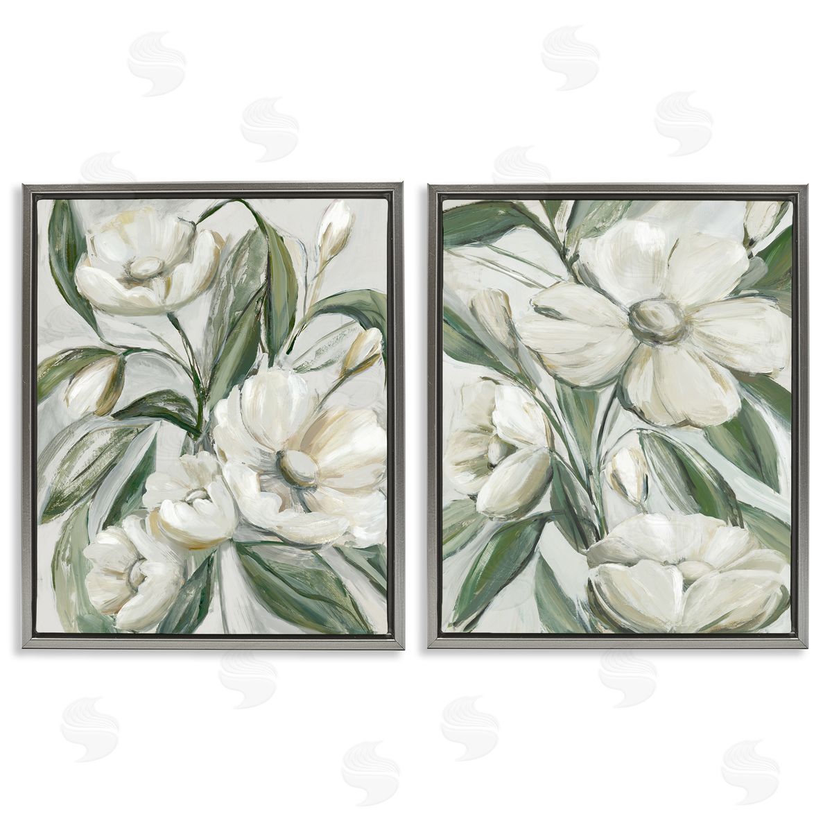 White Blossoms & Leaves Grey Floating Frame Canvas Wall Art, Home Decor by Hannah Dawson