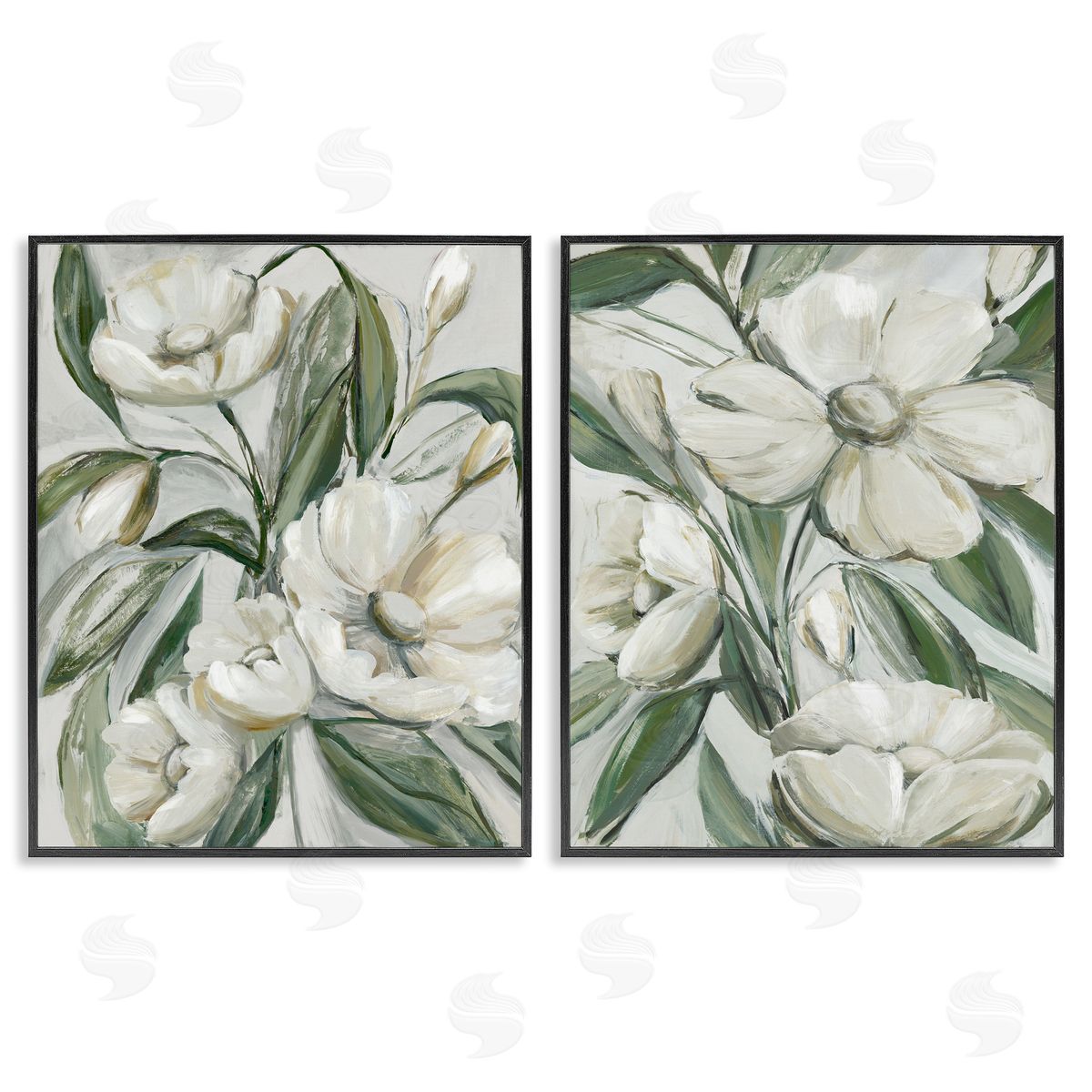 White Blossoms & Leaves Black Frame Print Wall Art, Home Decor by Hannah Dawson